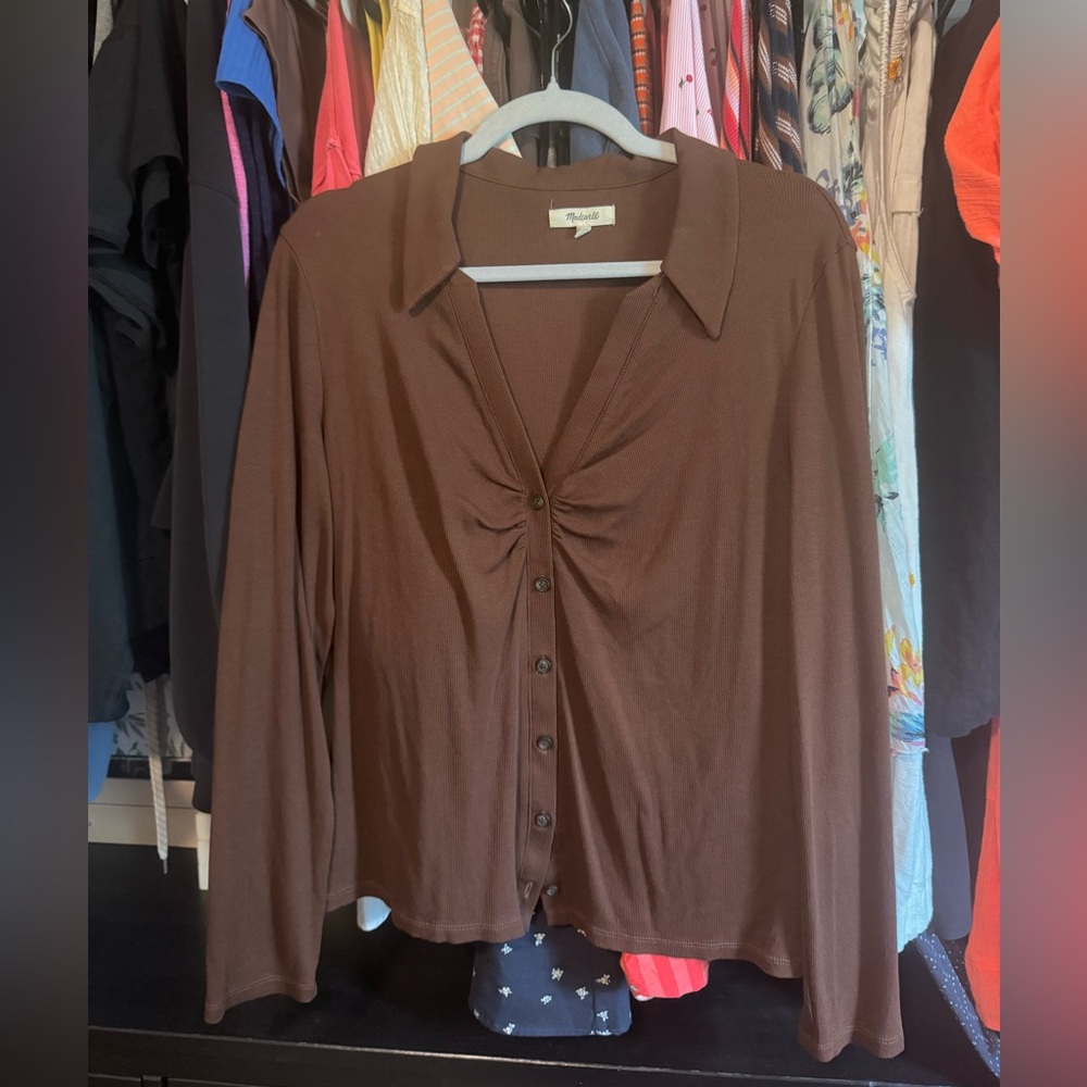 Madewell Chocolate Brown Ruched Button-Up Blouse